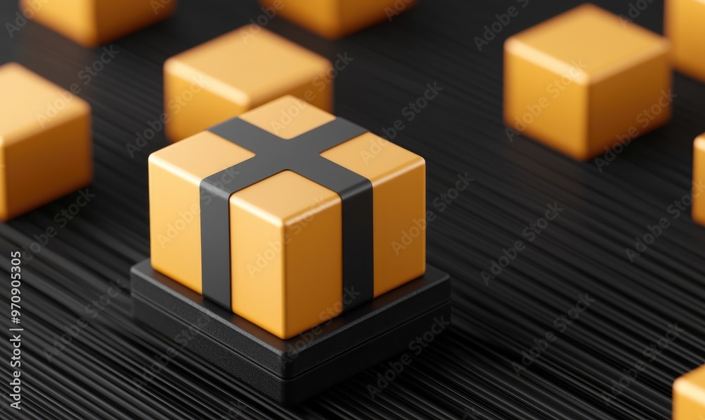 A vibrant yellow gift box with a black ribbon on a textured black background, perfect for festive and celebration themes. A vibrant yellow gift box with a black ribbon on a textured black background, perfect for festive and celebration themes.