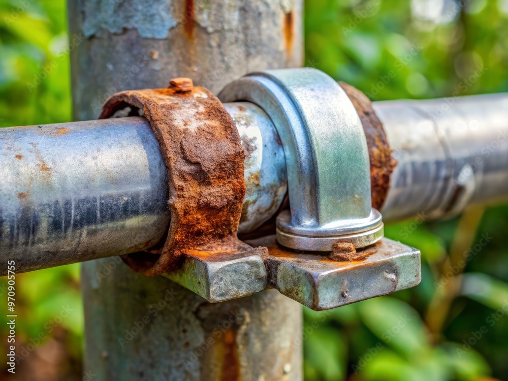 Galvanized water pipe with rust damage, warped and bent, near rupture, requiring a durable clamp with a metal band and screw bolts Galvanized water pipe with rust damage, warped and bent, near rupture, requiring a durable clamp with a metal band and screw bolts