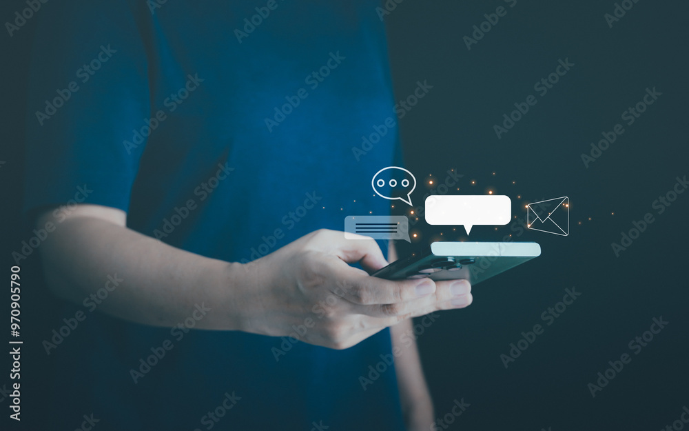 Businessman using mobile phone for chat, live message online. Concept of network communication, smart connection, text message, web media, application icon, cyberspace chatting, social network. Businessman using mobile phone for chat, live message online. Concept of network communication, smart connection, text message, web media, application icon, cyberspace chatting, social network.