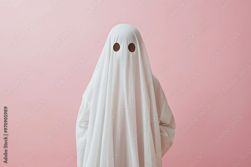 Funny halloween character person or animal wearing white blanket pretending scary ghost, Generative AI