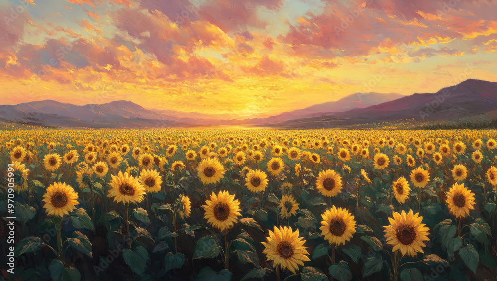 Obraz premium A large field of sunflowers, with mountains in the background and a beautiful sunset sky. Created with Ai
