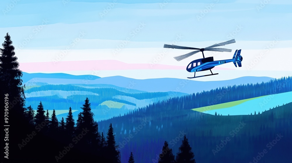 Minimalist helicopter soaring over forest landscape in spring Minimalist helicopter soaring over forest landscape in spring
