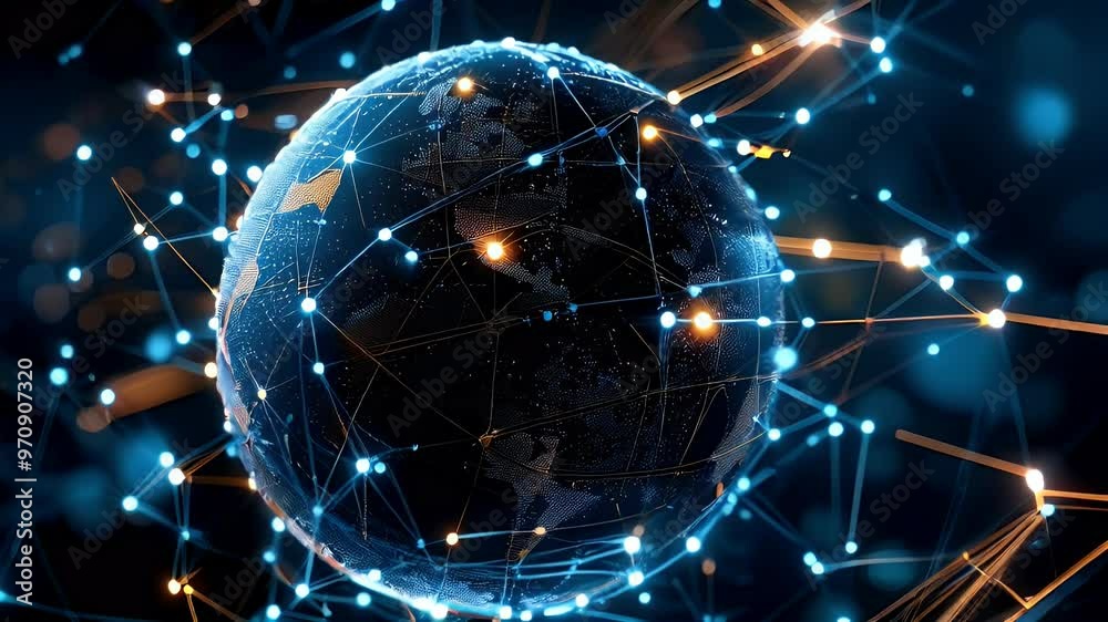 Animation of global network connections and communication technology for internet business and telecommunication, featuring earth connector, earth map, and a 3D globe with an electronic network.