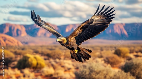 Wedge-tailed Eagle in Flight Over a Desert Landscape