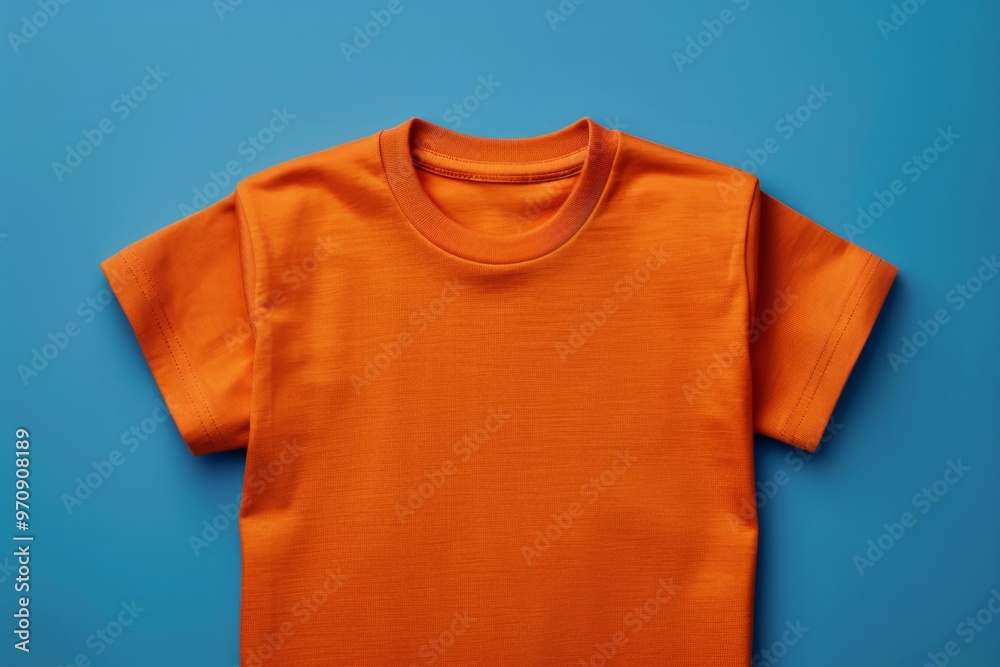 Orange t-shirt lying flat on blue background for mockup Orange t-shirt lying flat on blue background for mockup