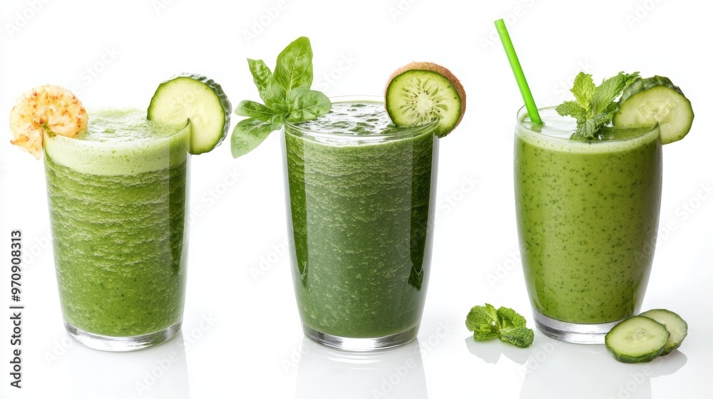 Set of healthy green smoothies isolated on white Set of healthy green smoothies isolated on white