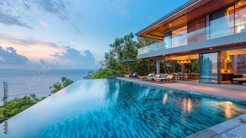 Experience the epitome of elegance with this luxurious home offering a mesmerizing sunset view from the edge of an infinity pool, surrounded by lush greenery. photo