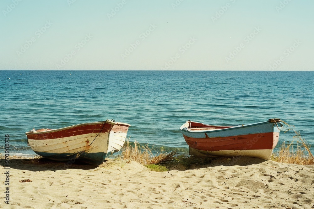 Dos barcas de madera amarradas en la arena de la playa. Pesca y turismo. Dos barcas de madera amarradas en la arena de la playa. Pesca y turismo.