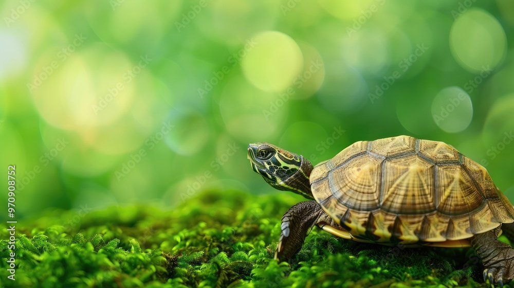 Fototapeta premium Close-up of a small turtle walking on the green moss in a lush natural environment with blurred bokeh background.