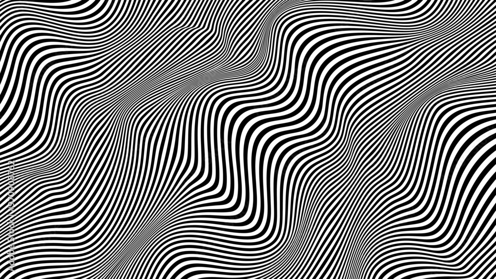 Obraz premium Vector pattern of optical illusion. Moving wave with black and white lines. Op art. Abstract distorted texture. Striped background. Psychedelic illustration.