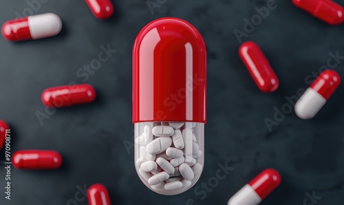 Close-up of a red capsule filled with white pills on a dark background, symbolizing health and medical wellness. photo