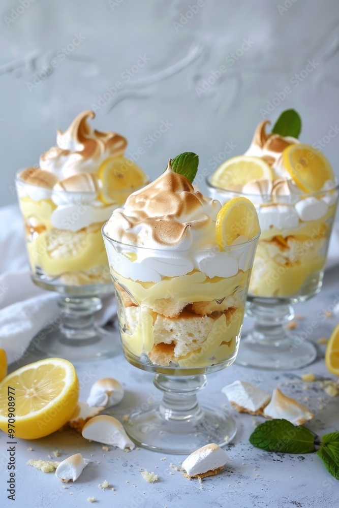 Lemon trifle with pound cake, lemon curd and meringue in coupe glasses Lemon trifle with pound cake, lemon curd and meringue in coupe glasses