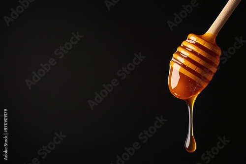 Close-up of honey dripping from a wooden dipper against a dark background, highlighting its rich color and texture. photo