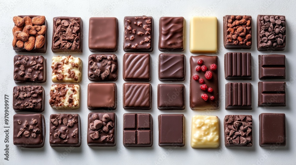 An assortment of chocolates arranged in a grid, showcasing various textures and flavors. An assortment of chocolates arranged in a grid, showcasing various textures and flavors.