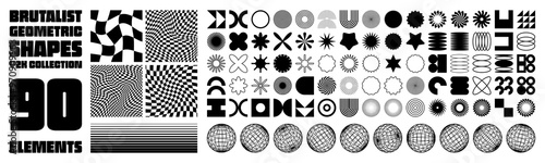 Brutalist geometric shapes, modern symbols. Groovy checkered pattern, distorted tiled grid. Simple elements, forms. Retro design, trendy contemporary minimalist style, y2k. Vector illustration