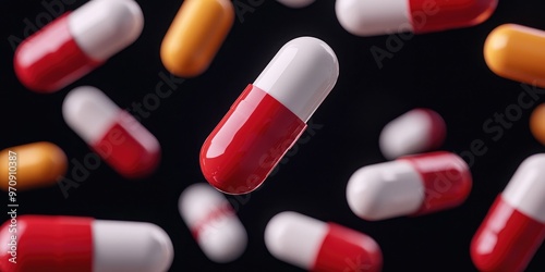 Colorful capsules floating against a dark background, perfect for health and pharmaceutical themes.