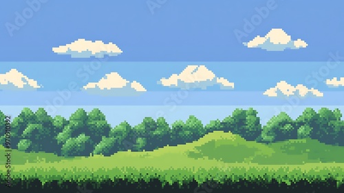 Pixelated Landscape with Green Trees and Clouds