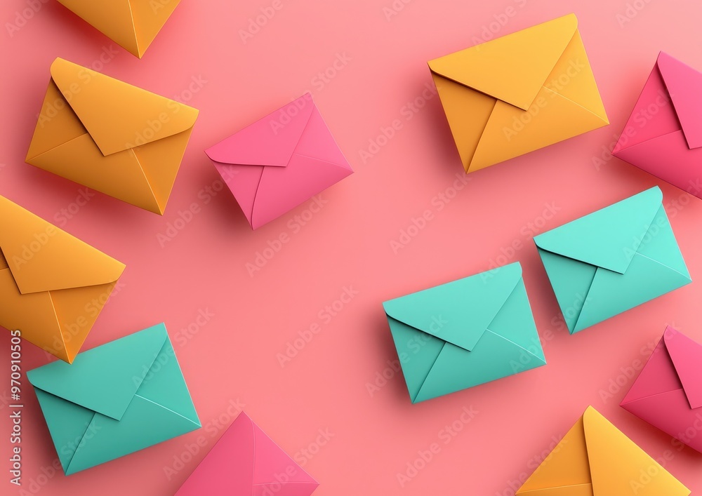 Colorful envelopes arranged creatively on a pink background, perfect for invitations, mail, and stationery themes.