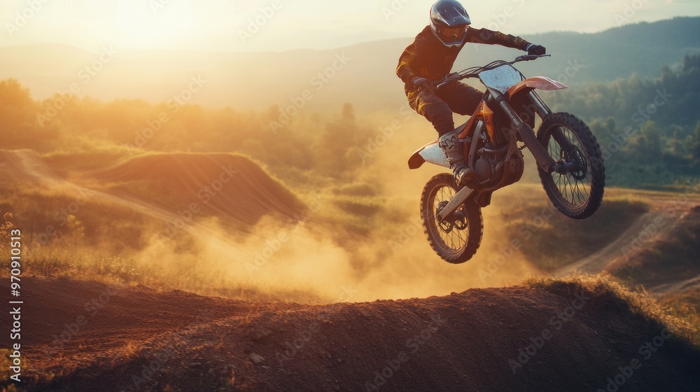 Obraz premium A motocross rider jumps over a dirt ramp during sunset, showcasing extreme sports action.