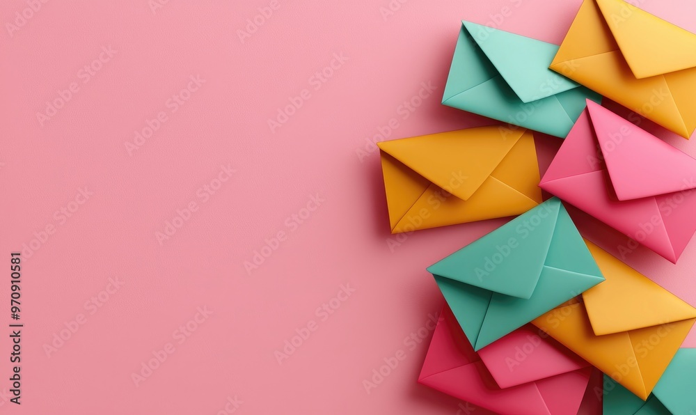 Colorful envelopes arranged on a pink background, perfect for invitations, greetings, or creative stationery designs. Colorful envelopes arranged on a pink background, perfect for invitations, greetings, or creative stationery designs.
