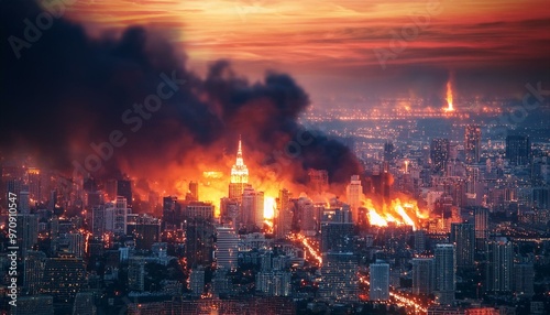 A city is on fire with smoke billowing into the sky_