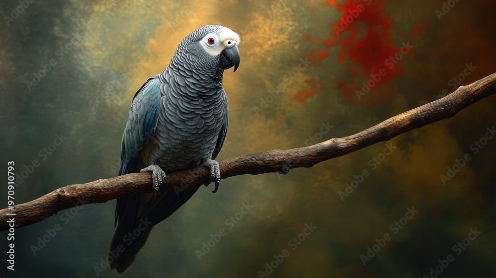 Fototapeta premium Gray Parrot Perched on a Branch with Abstract Background
