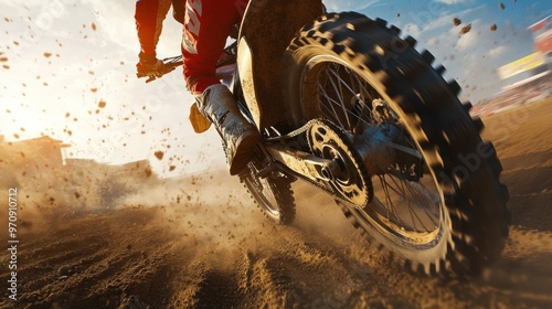 A close-up of a dirt bike wheel kicking up dust during a motocross event. photo