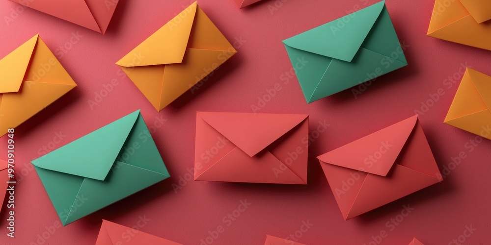 Colorful paper envelopes scattered on a vibrant background, perfect for mail, stationery, or creative projects.