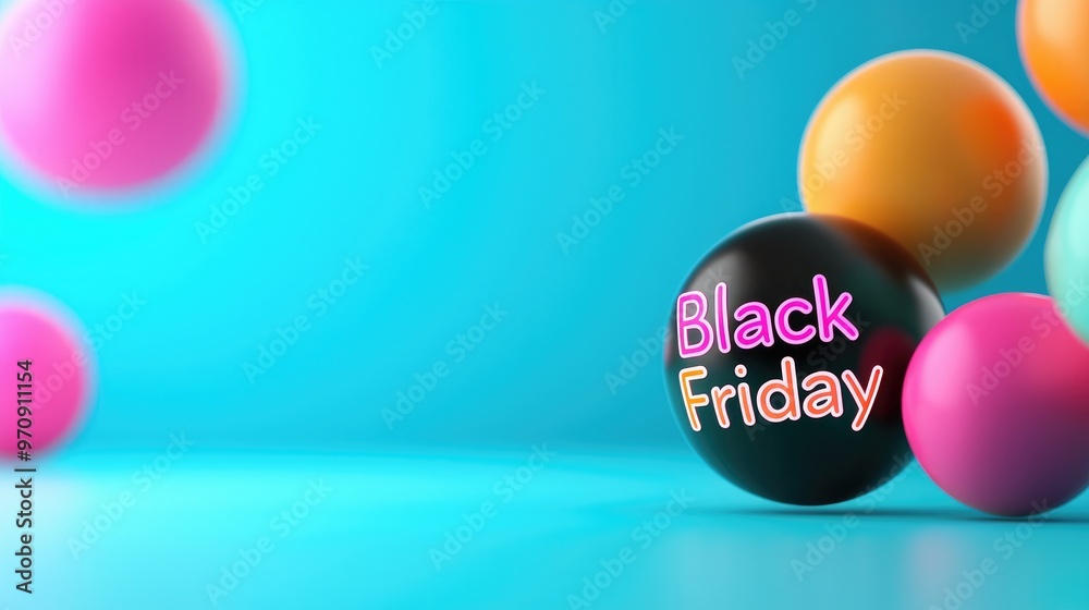 Colorful spheres with a Black Friday theme on a vibrant blue background, perfect for sales and promotional marketing. Colorful spheres with a Black Friday theme on a vibrant blue background, perfect for sales and promotional marketing.