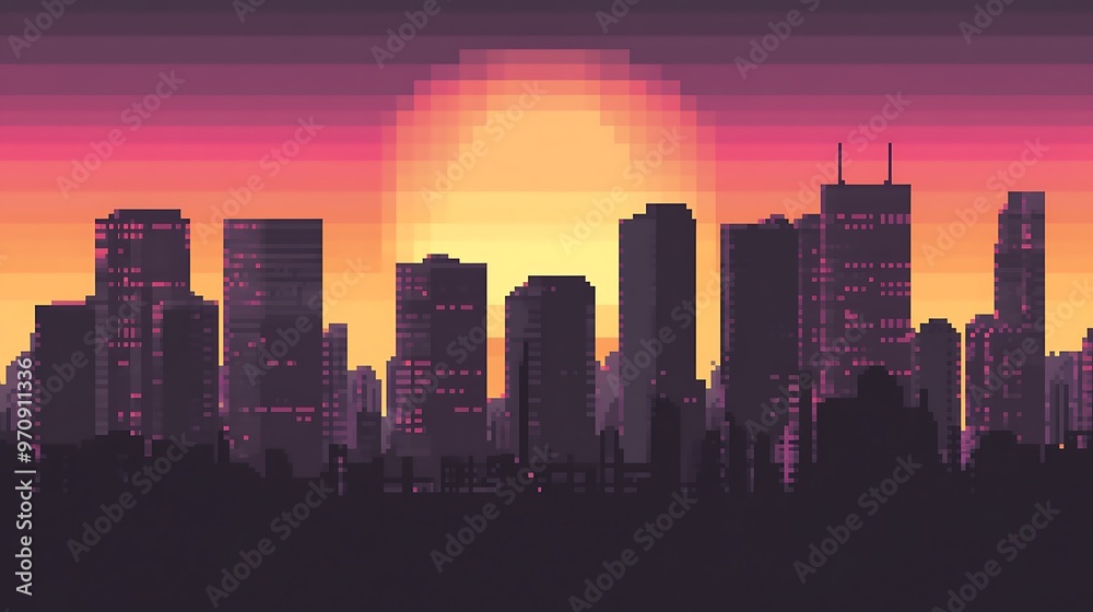 Pixelated Cityscape Silhouette with Sunset Pixelated Cityscape Silhouette with Sunset