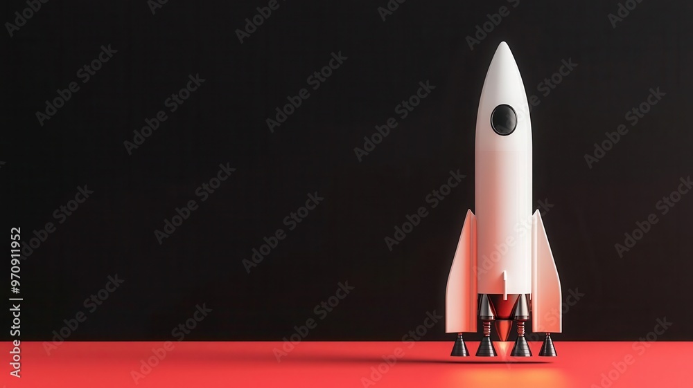 Render a sleek, modern, side view of a rocket launching for a tech ...