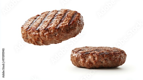 Grilled hamburger meat beef patty isolated on white background. Cooked beef burger patty and fillet meat flying. photo