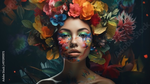 Fashion Beauty Model Girl with Flowers. Neural network ai generated art