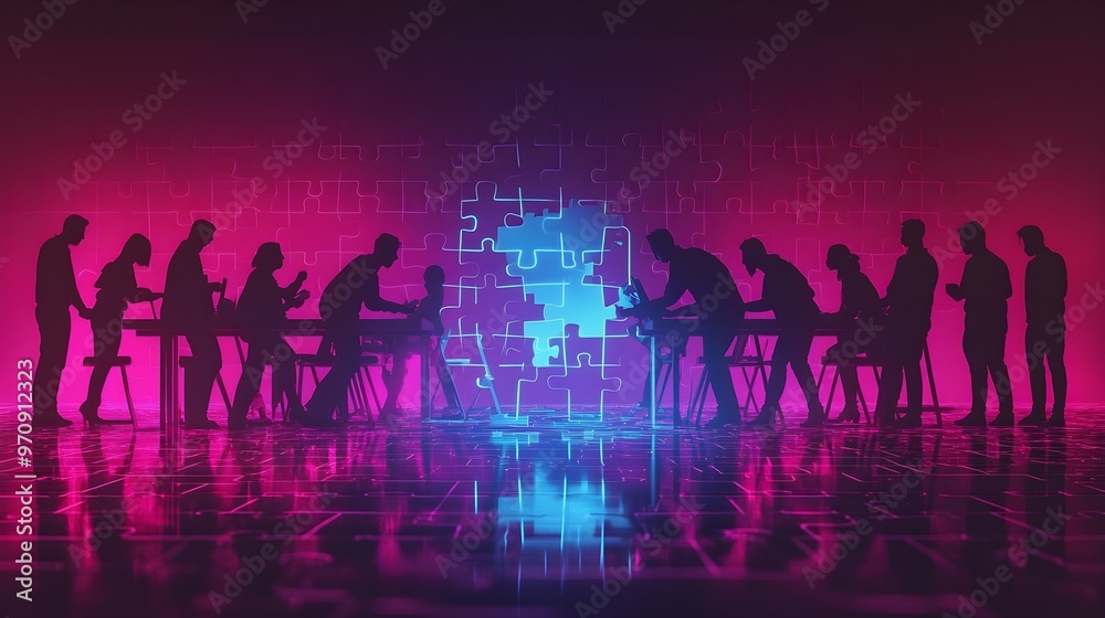 Teamwork Puzzle Solution Neon Light Concept Teamwork Puzzle Solution Neon Light Concept