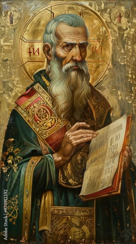An Orthodox icon illustration of an elderly saint holding a scroll with religious text, adorned with a golden halo. Vertical format illustration.
Concept: saintly wisdom, Orthodox Christianity, religi