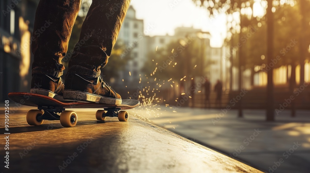 Fototapeta premium A skater performing tricks at sunset, creating a dynamic and vibrant scene.