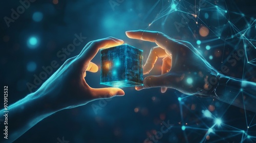 Ai technology Machine learning Chatbot Hands of robot and human Data exchange on abstract cube network connection Deep learning Innovative Business and artificial intelligence technology.