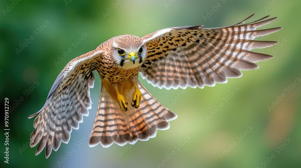 Fototapeta premium Kestrel in Flight with Spread Wings Against Green Background