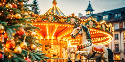 Enchanting christmas holiday scene with beautifully decorated carousel and festive lights