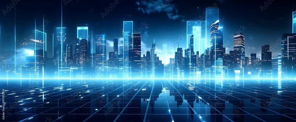 Animation of a modern futuristic smart city with abstract bright lights against a blue background. Showcases cityscape urban architecture, emphasizing a futuristic technology city concept.