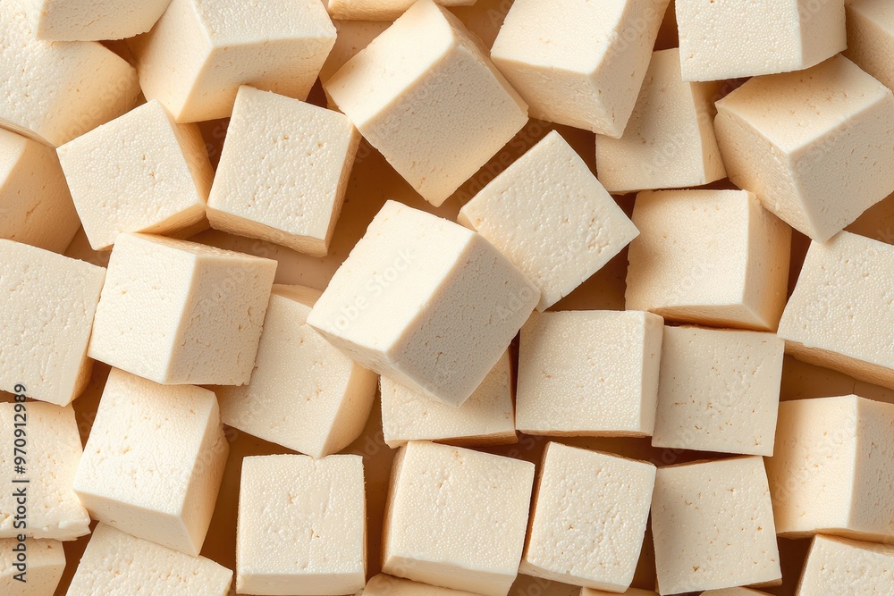 High-quality image of soft tofu cubes, perfect for recipe images, food blogs, and culinary presentations.