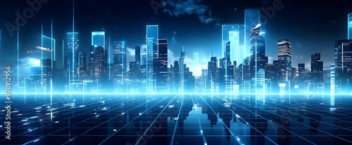 Animation of a modern futuristic smart city with abstract bright lights against a blue background. Showcases cityscape urban architecture, emphasizing a futuristic technology city concept.