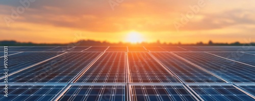 A stunning sunset over a vast field of solar panels, showcasing clean energy technology and renewable resource development.