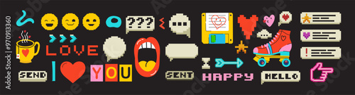 Retro set of icons of 90s. Pop art sticker Y2K collection for 1990 born baby. Vintage isolated element.