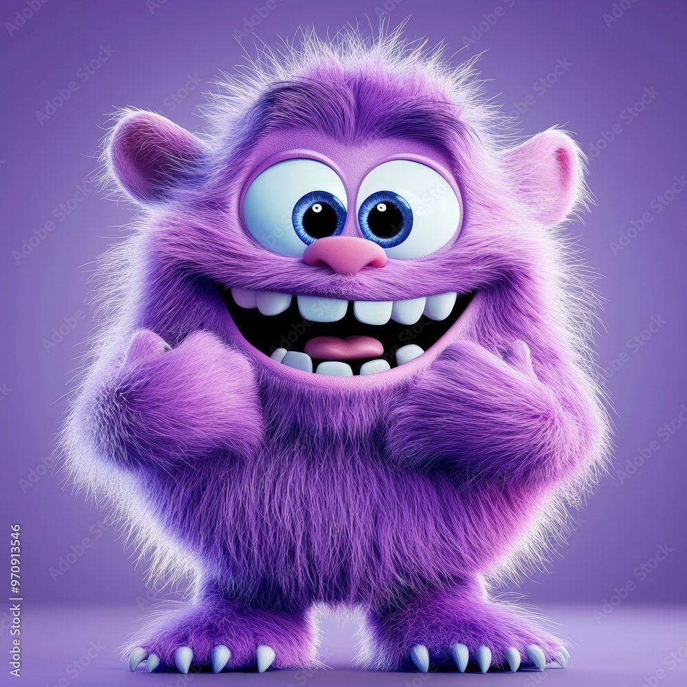 Obraz premium Cute and furry purple monster with good character, Big eyes and smile. studio render quality. Cartoon style. 