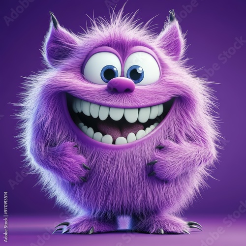 Cute and furry purple monster with good character, Big eyes and smile. studio render quality. Cartoon style.

