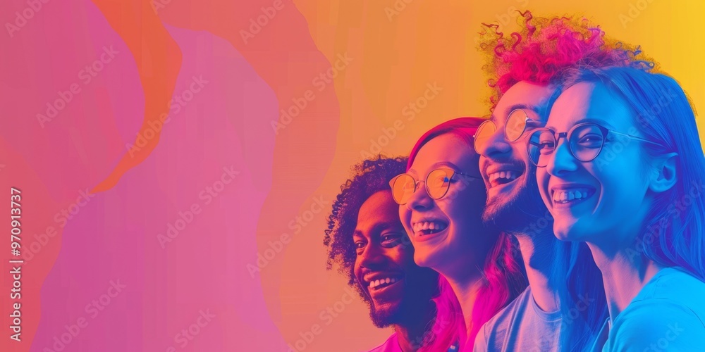 Illustration of four smiling young adults in bright, neon colors with abstract gradient background.
Concept: youth, diversity, joy, friendship, modern, vibrant energy Illustration of four smiling young adults in bright, neon colors with abstract gradient background.
Concept: youth, diversity, joy, friendship, modern, vibrant energy