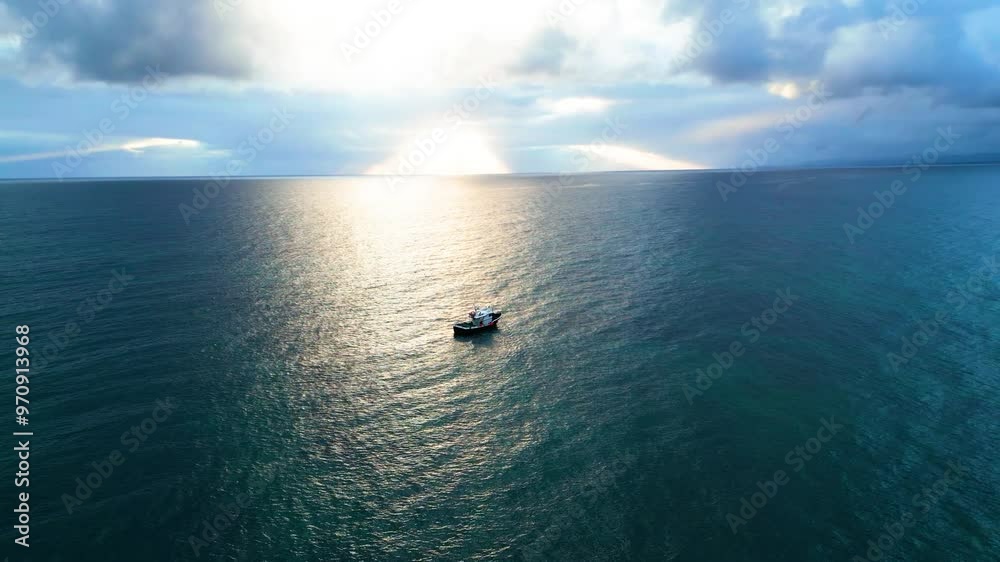 Lonely boat in the middle of the ocean during sunrise Lonely boat in the middle of the ocean during sunrise