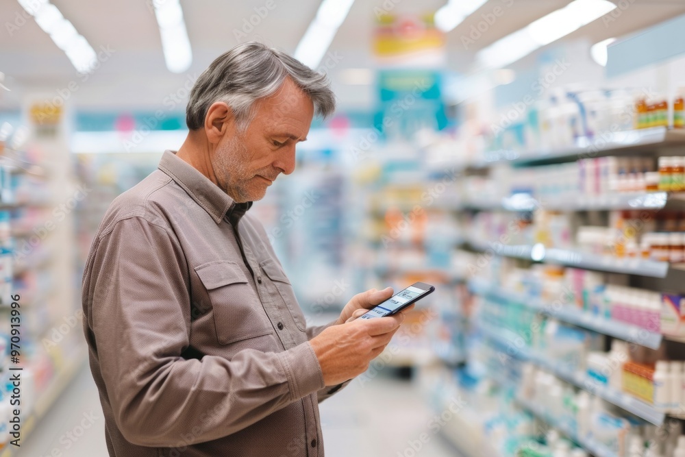 Fototapeta premium Senior man in a pharmacy, using a smartphone to check or compare medications, with shelves of healthcare products in the background. Concept: senior healthcare, pharmaceutical shopping, mobile health 