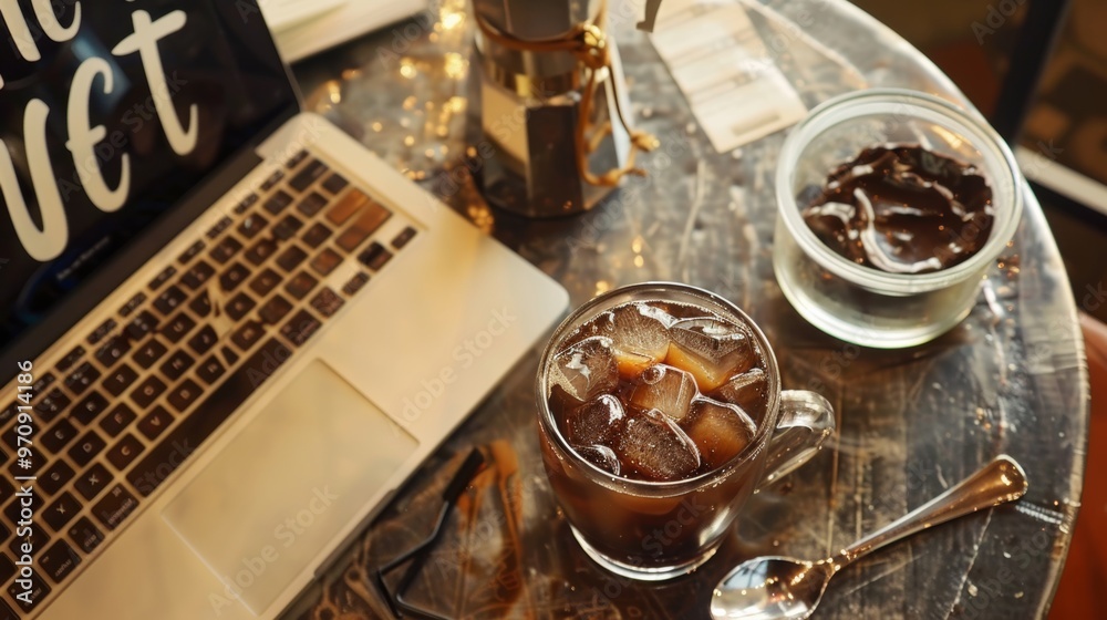 Photo of a cold coffee cup with ice cubes placed on a silver metal table next to an open laptop. Black and white coffee shop style graphic. The text Photo of a cold coffee cup with ice cubes placed on a silver metal table next to an open laptop. Black and white coffee shop style graphic. The text